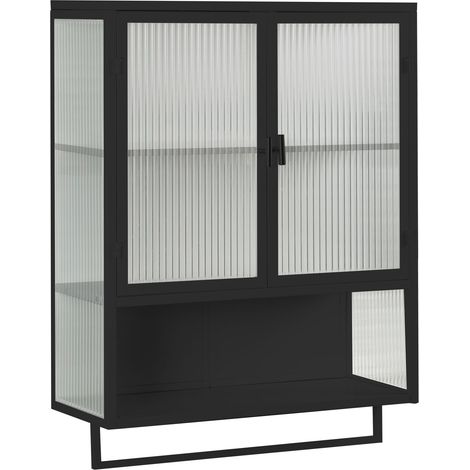 Armoire murale moderne 60CM à deux portes en verre, avec rangement fermé à deux niveaux, une étagère ouverte et un porte-serviettes, pour entrée, salon, salle de bains et salle à manger, noir (1/5)