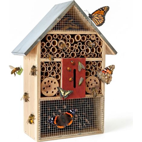 Relaxdays Insektenhotel, Holz, wetterfestes Metalldach, HxBxT: 40 x 30 x 8 cm, Insektenhaus zum Aufhängen, natur/silber