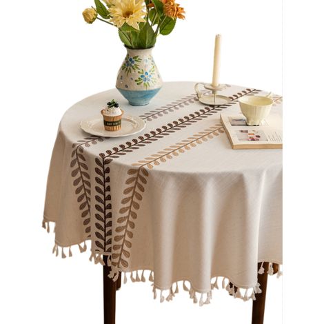 90x90cm Waterproof Cotton Linen Round Tablecloth, Brown Leaf Embroidered Square Table Cover for Dining & Coffee Table (1/5)