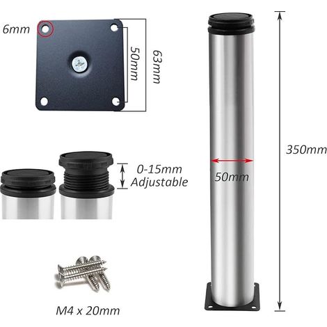 verstellbare Füße, 350 mm Höhe, verdickte Schrankfüße, Tischfüße, Möbelfüße, gebürsteter Edelstahl, höhenverstellbar 0-15 mm, inklusive Edelstahlschrauben (1/5)