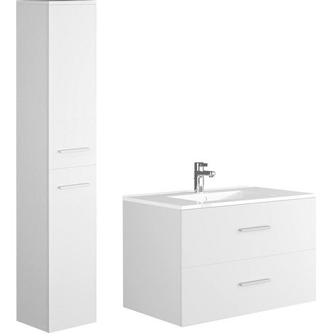 Vente-Unique – Meuble de salle de bain suspendu 1 vasque à encastrer – Colonne de rangement 2 tiroirs – Coloris blanc – 80 cm – Éco-responsable