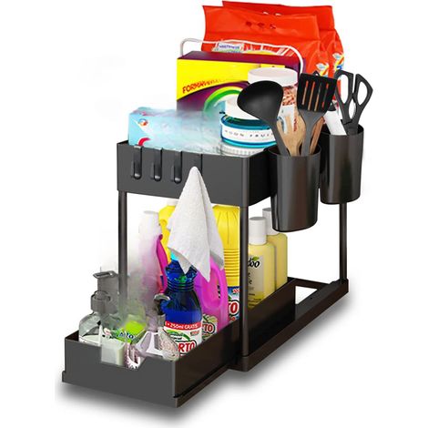 Organizador de almacenamiento bajo el fregadero, cajón deslizante de 2 niveles para cocina y baño con ganchos, estante de cocina multifuncional - Negro