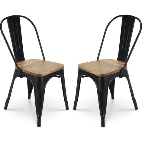 Kosmi - Set mit 2 mattschwarzen Metallstühlen mit Sitz aus hellem Holz - Industrial Style (1/5)