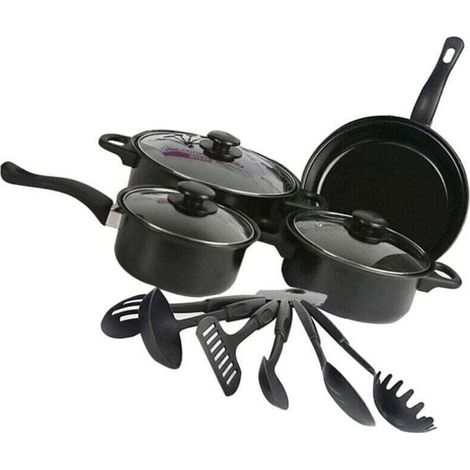 13-piece non-stick cookware set, induction-compatible, with frying pans, saucepan and stockpot, black (1/4)