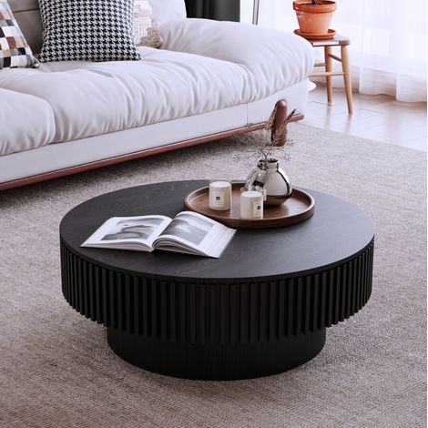 Tavolino da caffè rotondo nero con contenitore, MDF e legno, design scanalato (1/5)