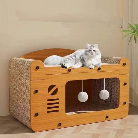 Lit griffoir 2-en-1 pour chat – Couchage luxueux avec jouets suspendus et coussin confortable, en carton durable (1/5)