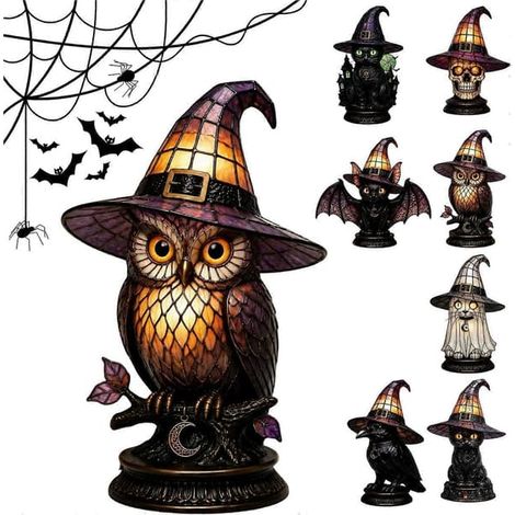 Lampe de table chapeau de sorcière chat noir en vitrail pour Halloween, veilleuse gothique artisanale à lumière chaude, lampe décorative saisonnière pour chambre à coucher (D(15CM)) (1/5)