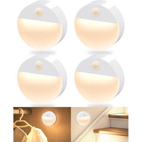 Lot de 4 lampes d'escalier LED à détecteur de mouvement, alimentées par piles, adaptées aux couloirs, lumière blanche chaude. (1/5)