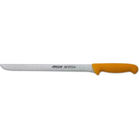 Couteau à jambon Arcos 2900 - Prof 293900 en acier inoxydable Nitrum et mango lame ergonomique en polypropylène jaune et lame de 28 cm, vitrine.