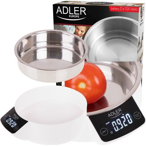 Adler AD 3166 Báscula Cocina Digital Bol Removible, Tazón 900ml, Acero Inox, Medición Líquidos, Precisión 1g Blanco