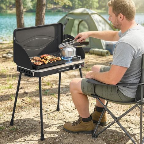 Barbecue a gas portatile, 2 bruciatori, 7 kW, barbecue da tavolo 2 in 1 con funzione di cottura al forno, gambe pieghevoli, griglia, paravento, coperchio e meccanismo di bloccaggio.