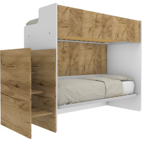 Letto a castello minimalista con terzo letto estraibile - Bianco e Quercia