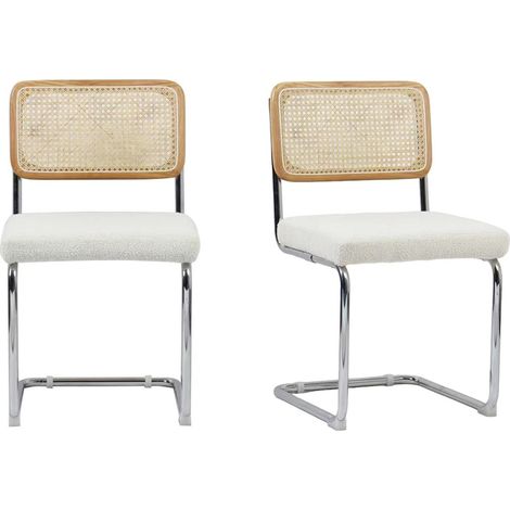 Homifab – Lot de 2 chaises en cannage – Assise en tissu bouclé beige – Dossier en hêtre et cannage naturel – Piètement en métal chromé (1/5)