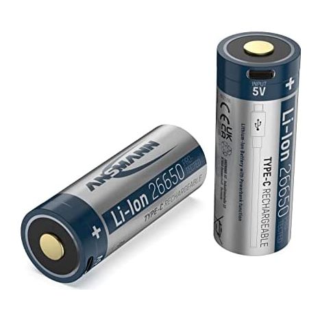 ANSMANN Batería de ion de litio 26650 5100 mAh con conector de carga USB tipo C, batería recargable de alta capacidad, con circuito de protección para linternas, faroles, lápices láser