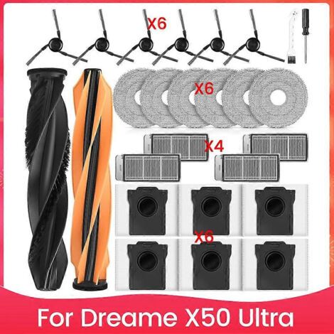 Pièces de rechange pour le kit d'accessoires de l'aspirateur robot Dreame X50 Ultra : brosses latérales principales, filtre HEPA, lingette de nettoyage et sacs à poussière.