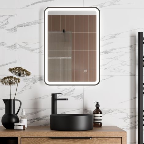 Aquari Rectangular LED Mirror Touch Bathroom Demister Modern Mains Matt Black 500x700mm (1/4)
