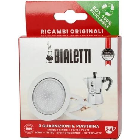 Ricambi Bialetti Moka 3 Guarnizioni Originali + 1 Piastra Filtro Ricambio Per Moka 3-4 Tazze