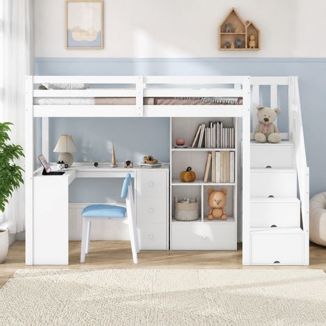 Cama alta infantil 90x200 cm con escritorio, cajones, estanterías, barandillas y escalera de almacenaje, estructura de pino y MDF, blanca CHICFURN (1/5)