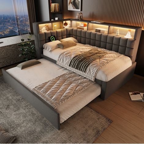 MEUBLIV Lit 90x200 cm gris – avec lit gigogne et LED, sans matelas (1/5)