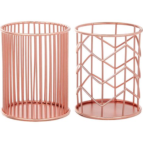 2 Pièces Pot à Crayons Métallique Rond Creux en Or Rose - Étagère de Rangement pour Bureau - Support pour Pinceaux et Stylos à Fleurs Décoratif