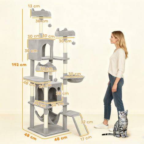 Arbre à chat avec échelle, 2 hamacs, 3 perchoirs, 2 niches, 3 plateformes, 48 x 48 x 192 cm, gris et crème (1/5)