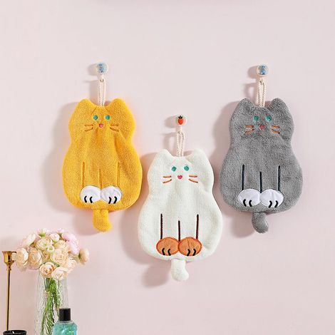 Lot de 3 serviettes de cuisine/salle de bain en velours corail, épaisses et absorbantes, à suspendre, motif chat, serviettes pour enfants. (1/5)