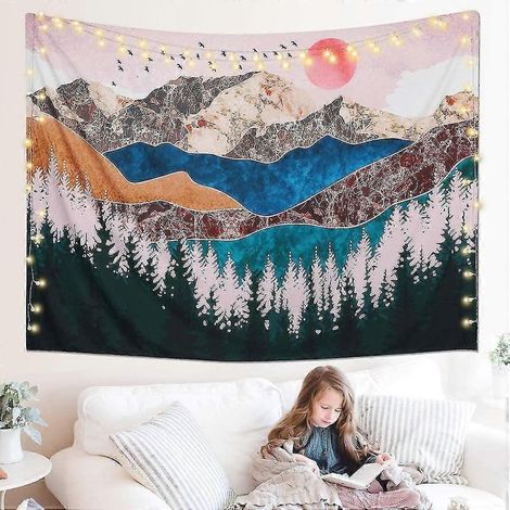 Wandteppich mit Sonnenuntergangsmotiv, Wald, Bäume, Berge, psychedelische Naturlandschaft, Innendekoration für Schlafzimmer oder Wohnzimmer (1) (1/5)