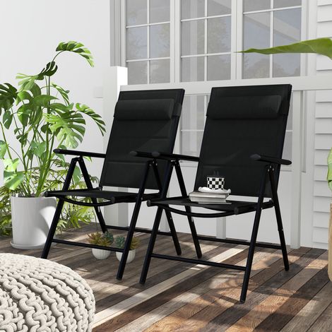 Set di 2 sedie da giardino pieghevoli con poggiatesta, braccioli e struttura in alluminio, dimensioni 54 x 67 x 108 cm, colore nero.