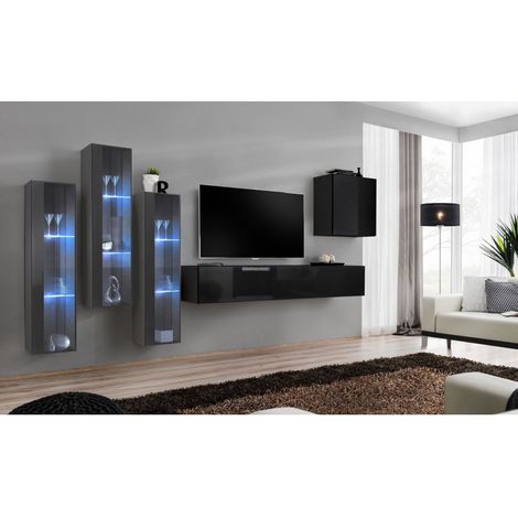 Ensemble mural - Switch XIII - 3 vitrines LED - 1 banc TV - 1 vitrine carrée - Noir et graphite - Modèle 1 - Livraison gratuite