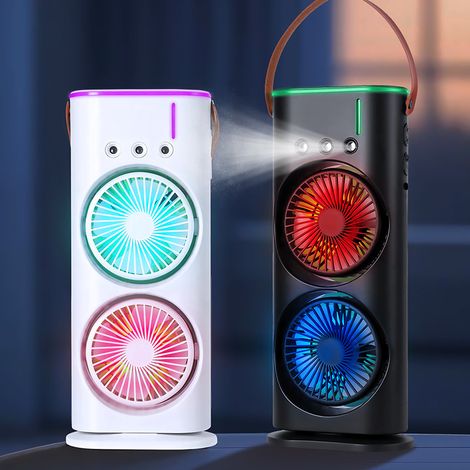 Lot 2 ventilateurs double tête USB climatiseur portable brumisateur oscillant LED chambre bureau,Blanc et noir (1/5)