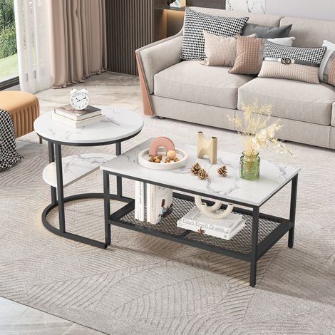 Juego de mesas de centro apilables (90x57x11 cm), con almacenamiento, efecto mármol, madera y acero inoxidable, negro (1/5)