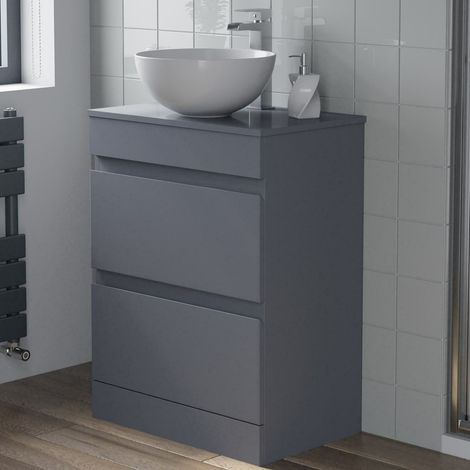 600mm Bathroom Vanity Unit Countertop Round Basin Floor Standing Gloss Grey (1/5)