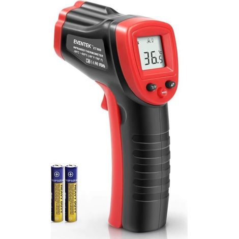 Thermomètre industriel infrarouge sans contact, non médical, avec écran LCD numérique. Modèle ET312 en noir/rouge, plage de mesure -50°C à 550°C (-58°F à 1022°F). Idéal pour les applications industrie