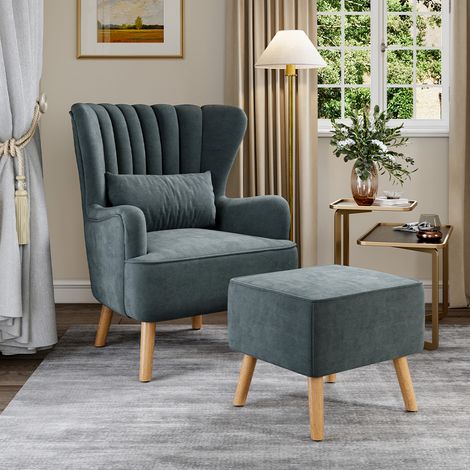 Suede Wingback Armchair with Footstool and Lumbar Pillow, Dark Grey (1/5)