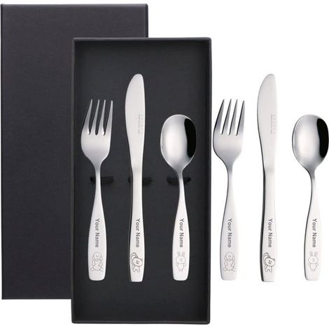 Ensemble de couverts pour enfants en acier inoxydable, 6 pièces Gravure personnalisée avec le nom Acier poli miroir Coffret cadeau noir (1/5)