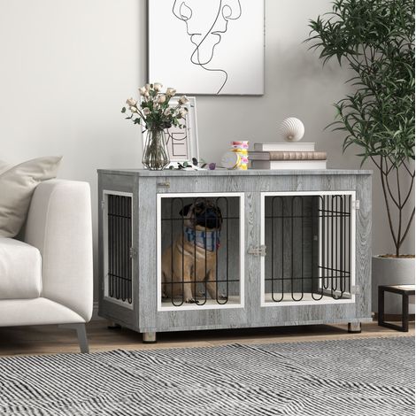Cage pour chien 90 x 58 x 65 cm en bois et acier gris, avec coussin, pour chien moyen FLORAGRACE (1/5)