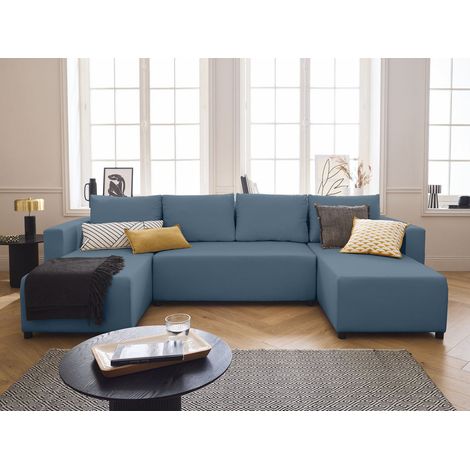 Bestmobilier – Canapé panoramique convertible 7 places – Coffre de rangement – Tissu bleu ardoise – Design contemporain – Couchage 257x134cm (1/5)