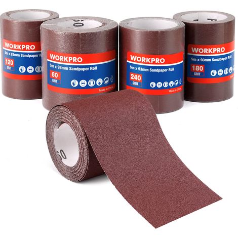 WORKPRO Rotoli Carta Vetrata Abrasiva da 4 Pezzi, Carta Smeriglio Fine e Grossa da 5m x 93mm, Set per Levigatrice Manuale con Grana 60/120/180/240, Adatto per Legno, Metallo e Muro (1/5)