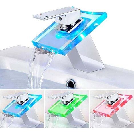 Mitigeur Lavabo Cascade LED Robinet Évier Cuisine Salle de Bains Éclairage Verre Design Moderne (1/4)