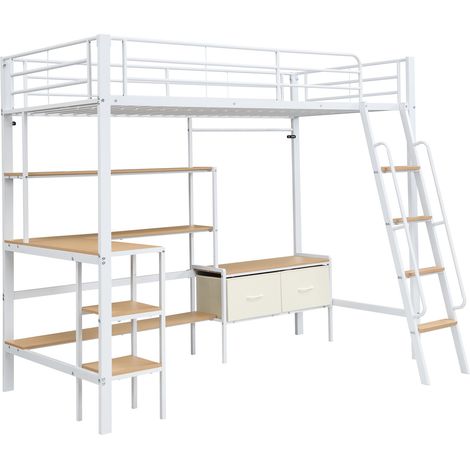 Hochbett aus Eisen und MDF 90x200 cm weiß/natur mit Schreibtisch und Stauraum (1/5)