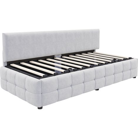 Cama tapizada 90 x 200 cm con almacenamiento hidráulico en terciopelo gris claro (1/5)