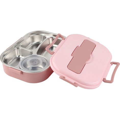 Boîte à lunch en acier inoxydable à 4 compartiments, boîte bento portable, récipient de rangement pour aliments pour étudiants et adultes, boîte à lunch à 4 compartiments avec bol à soupe : rose (1/5)