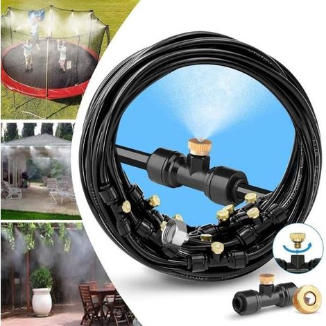 Sistema di nebulizzazione per patio, lungo 12 metri con 16 ugelli, dotato di sistema di nebulizzazione rinfrescante, tubo flessibile resistente e ugelli intercambiabili. (1/4)