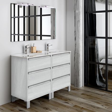 Meuble de salle de bain 120cm double vasque - 6 tiroirs - hibernian (bois blanchi) - TIRIS 3C (1/5)