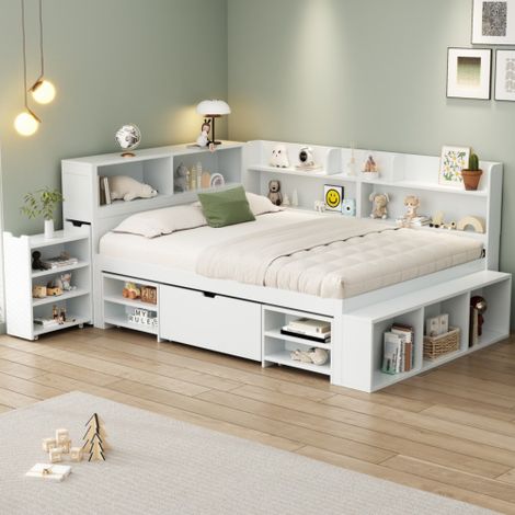 Kinderbett, Einzelbett, multifunktionales Kinderbett mit Schubladen, Bücherregal und Stauschrank, großer Stauraum, Lattenrost, ohne Matratze