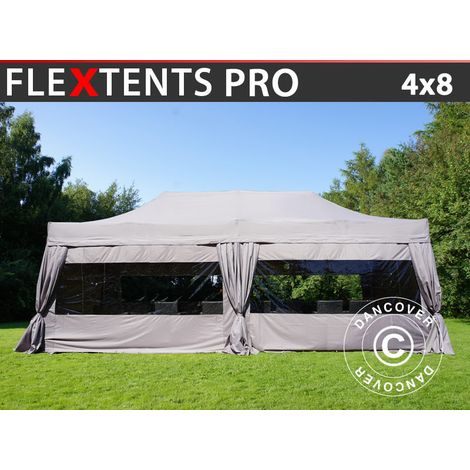 Faltzelt FleXtents PRO 4x8m Latte, mit 6 Seitenwänden & Gardinen