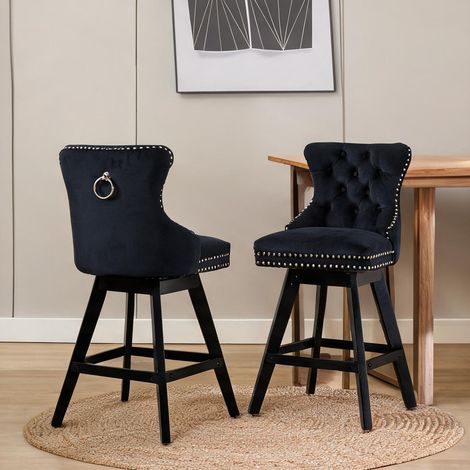 Tabourets de bar pivotants en velours noir avec pieds en bois (1/5)