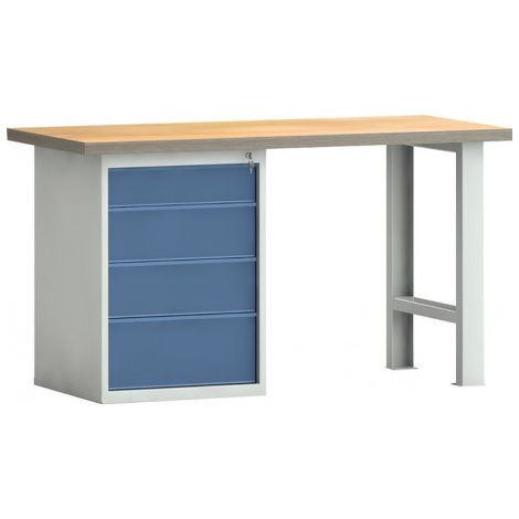 Établi PW 700 l.1500xP700xH840 mm hêtre Multiplex gris clair, RAL 7035 bleu brill., RAL 5007 4 tiroirs