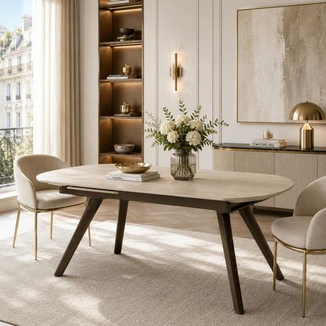Table céramique décor travertin pieds bronze 140-180 cm LORA