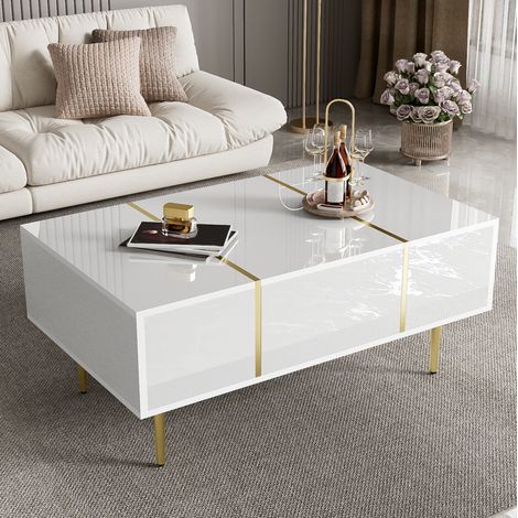 Mesa de centro de MDF blanco brillo 100 cm con 2 cajones (1/5)